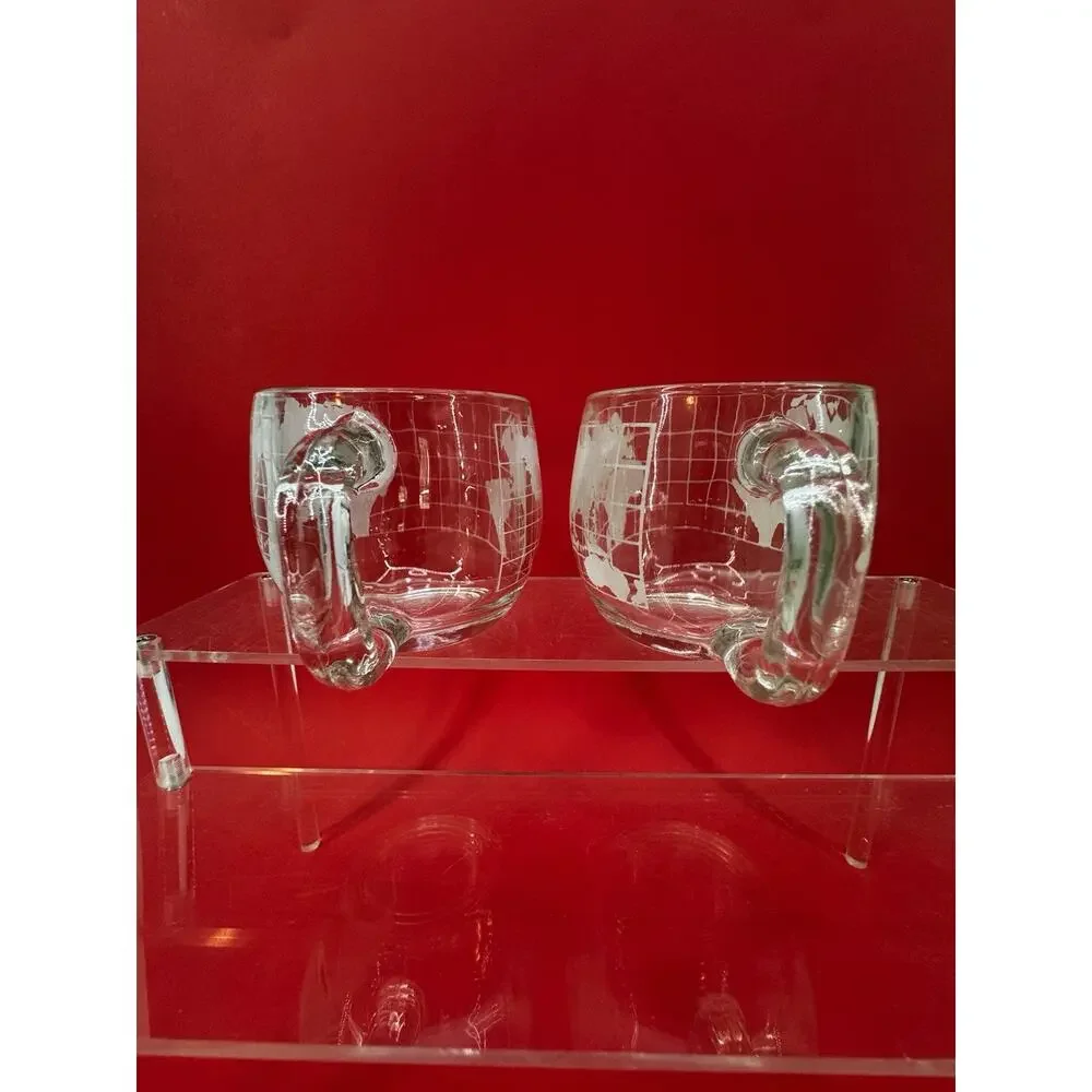 Vintage Set 2 Nestlé Etched Clear Glass Globe World Coffee 70s Mug Cups Retro